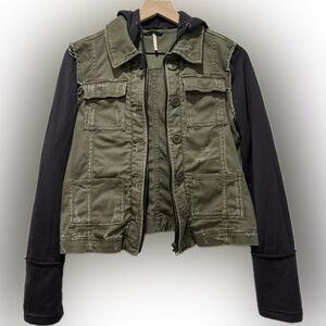 Free People XS Distressed Utility Jacket Hoodie Army Green